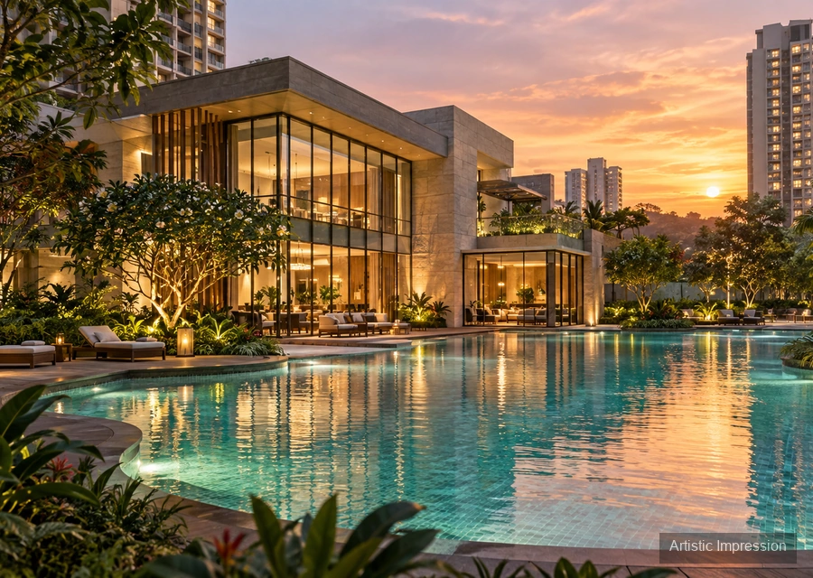Swimming pool deck at sunset — representative image, Godrej Hillside Vikhroli